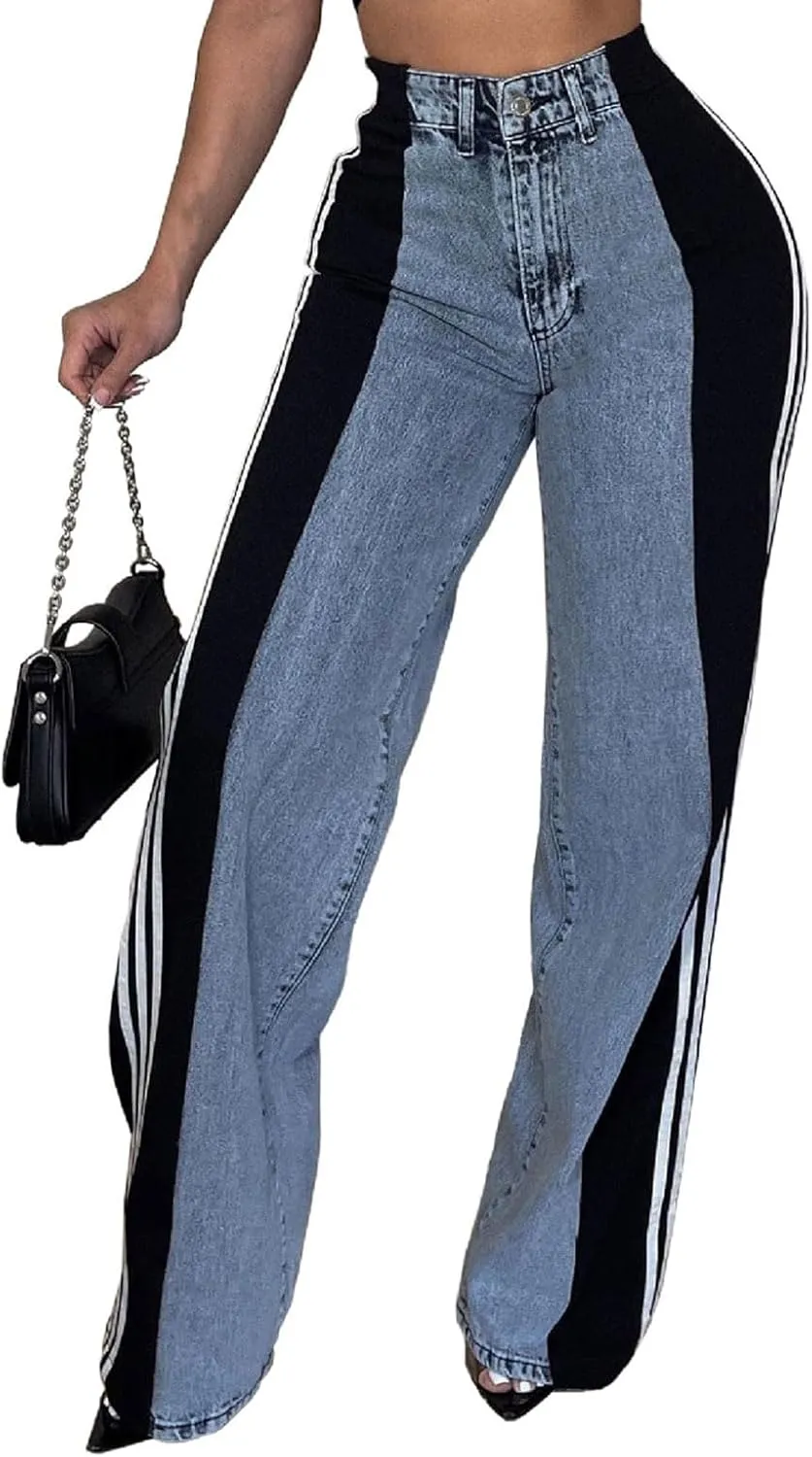 Women's Wide Leg Jeans High Waisted Stretch Patchwork Color Block Stripes Loose Straight Baggy Denim Pants