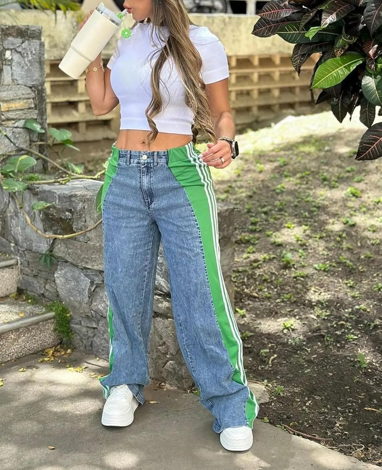 Women's Wide Leg Jeans High Waisted Stretch Patchwork Color Block Stripes Loose Straight Baggy Denim Pants
