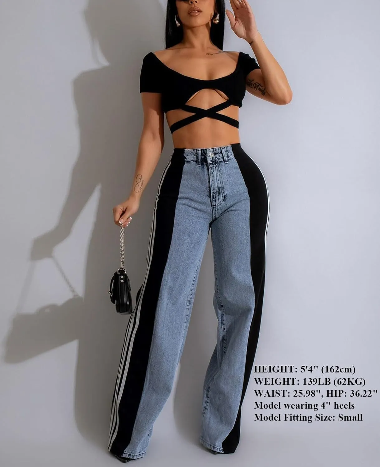 Women's Wide Leg Jeans High Waisted Stretch Patchwork Color Block Stripes Loose Straight Baggy Denim Pants