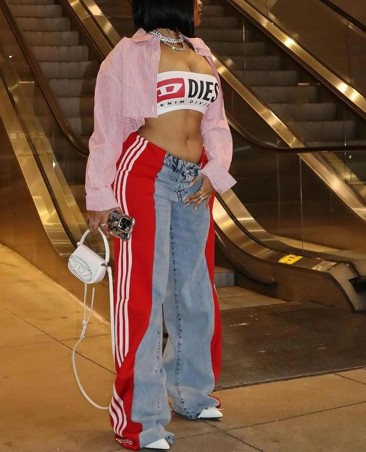 Women's Wide Leg Jeans High Waisted Stretch Patchwork Color Block Stripes Loose Straight Baggy Denim Pants