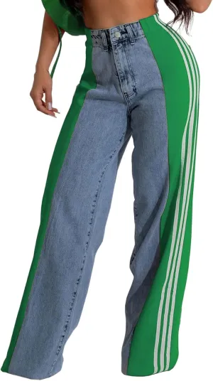 Women's Wide Leg Jeans High Waisted Stretch Patchwork Color Block Stripes Loose Straight Baggy Denim Pants