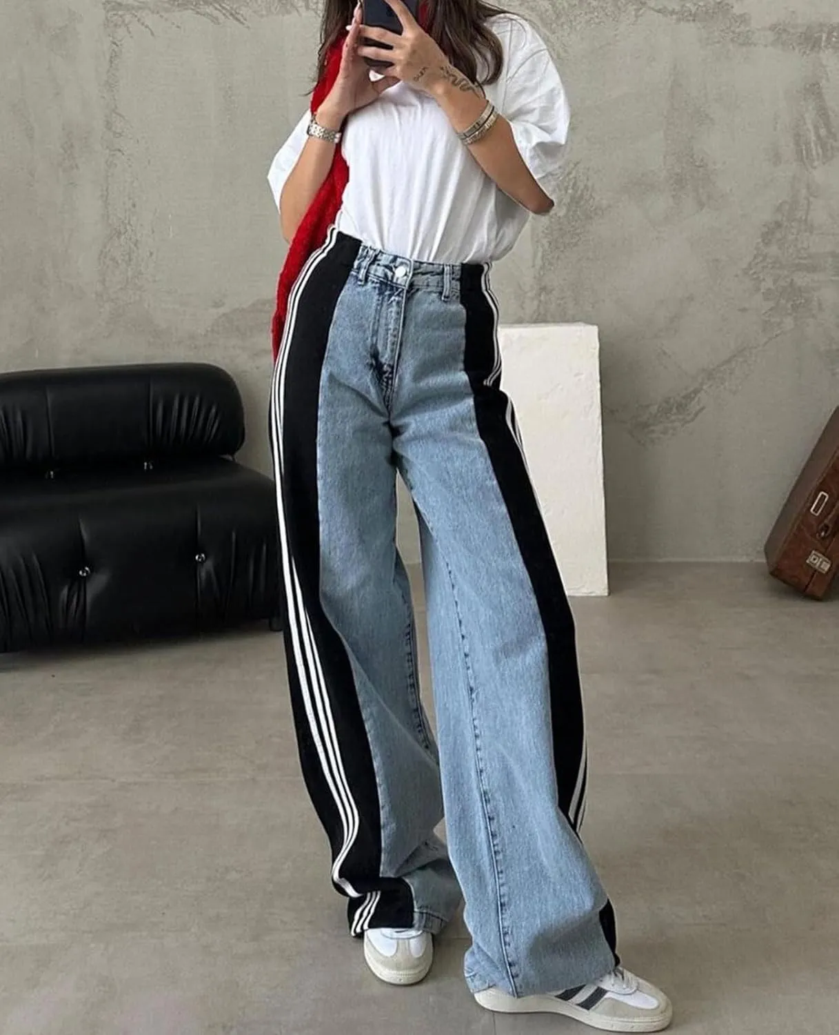 Women's Wide Leg Jeans High Waisted Stretch Patchwork Color Block Stripes Loose Straight Baggy Denim Pants