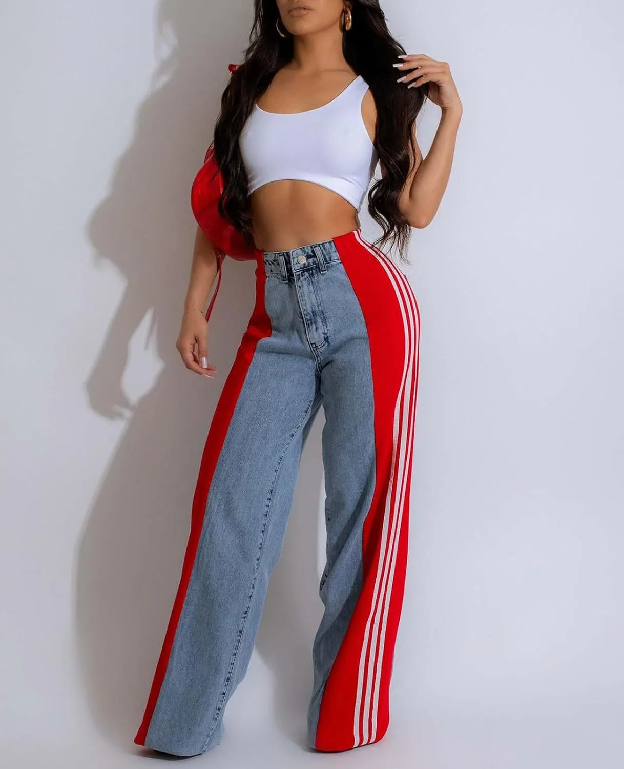 Women's Wide Leg Jeans High Waisted Stretch Patchwork Color Block Stripes Loose Straight Baggy Denim Pants