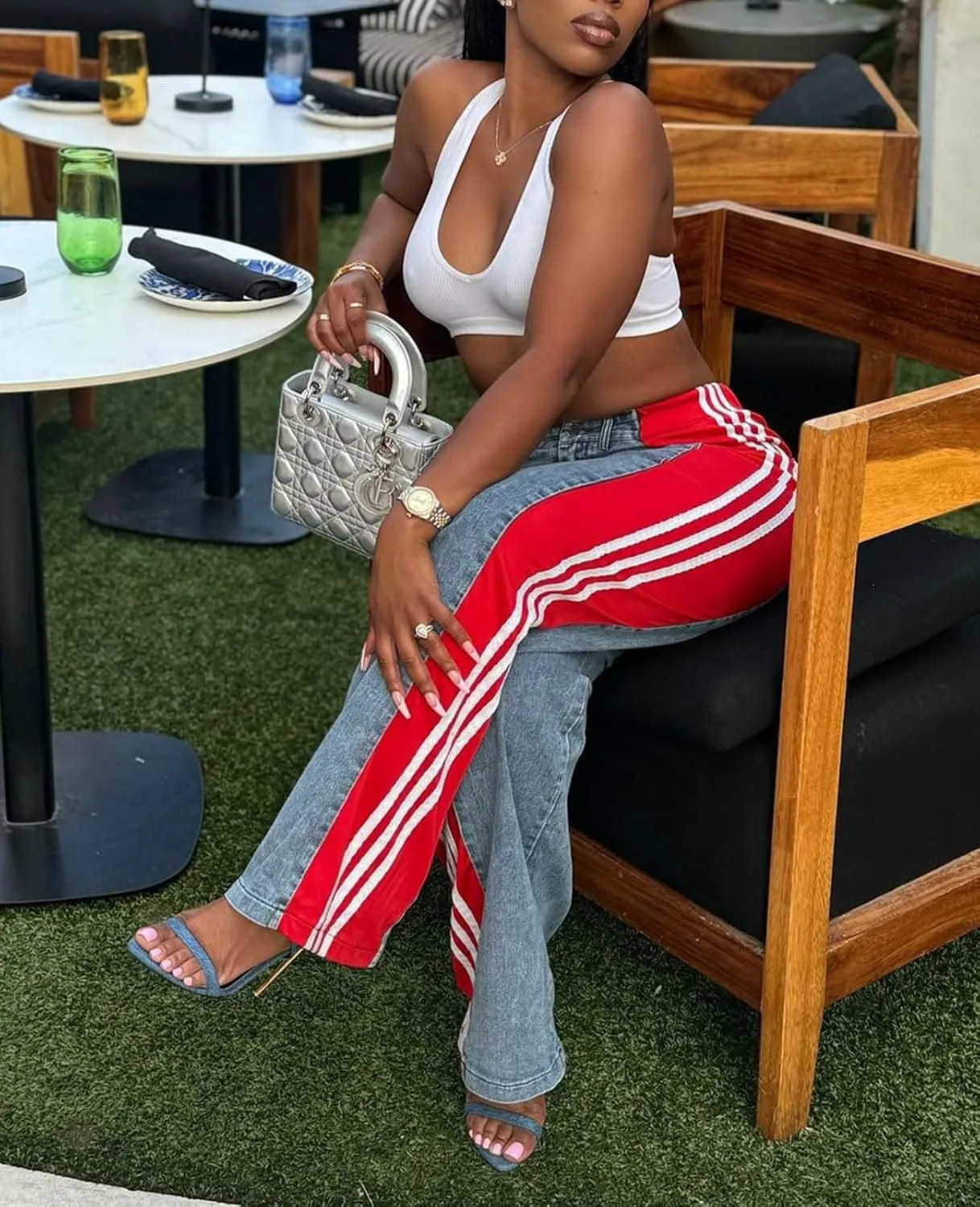 Women's Wide Leg Jeans High Waisted Stretch Patchwork Color Block Stripes Loose Straight Baggy Denim Pants