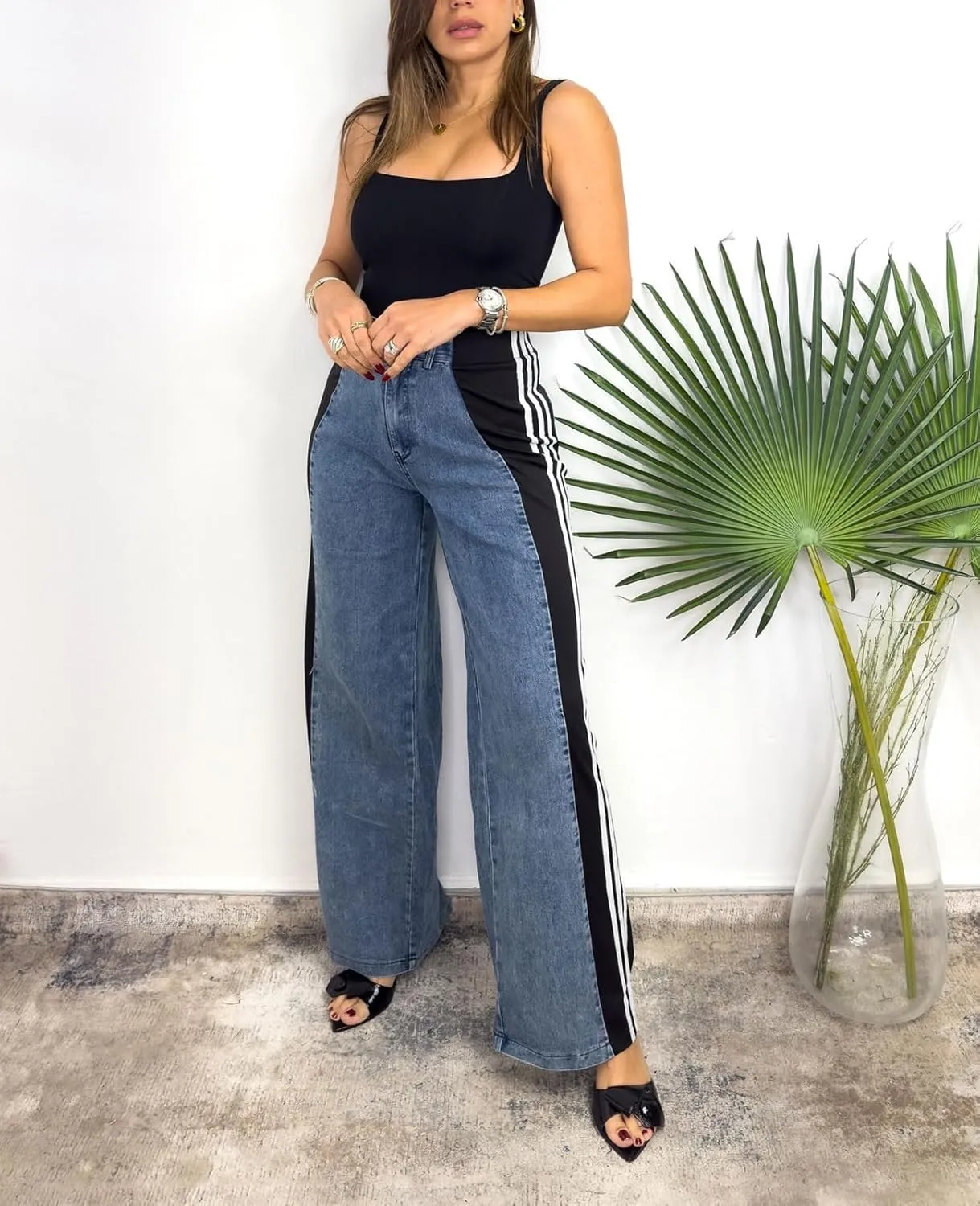 Women's Wide Leg Jeans High Waisted Stretch Patchwork Color Block Stripes Loose Straight Baggy Denim Pants