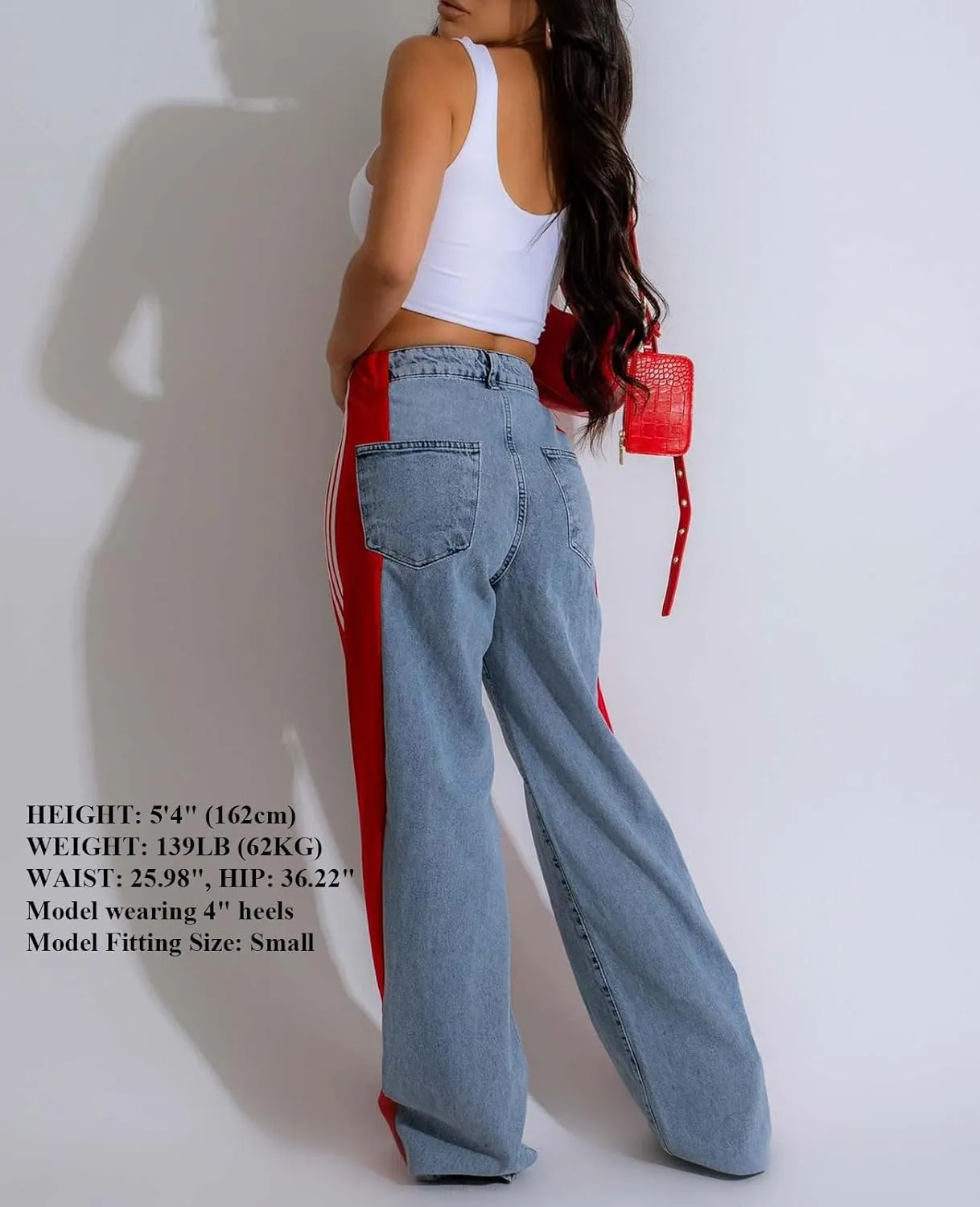 Women's Wide Leg Jeans High Waisted Stretch Patchwork Color Block Stripes Loose Straight Baggy Denim Pants