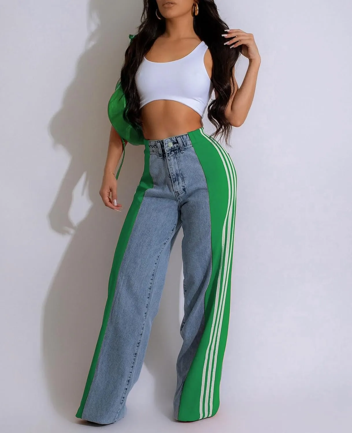 Women's Wide Leg Jeans High Waisted Stretch Patchwork Color Block Stripes Loose Straight Baggy Denim Pants