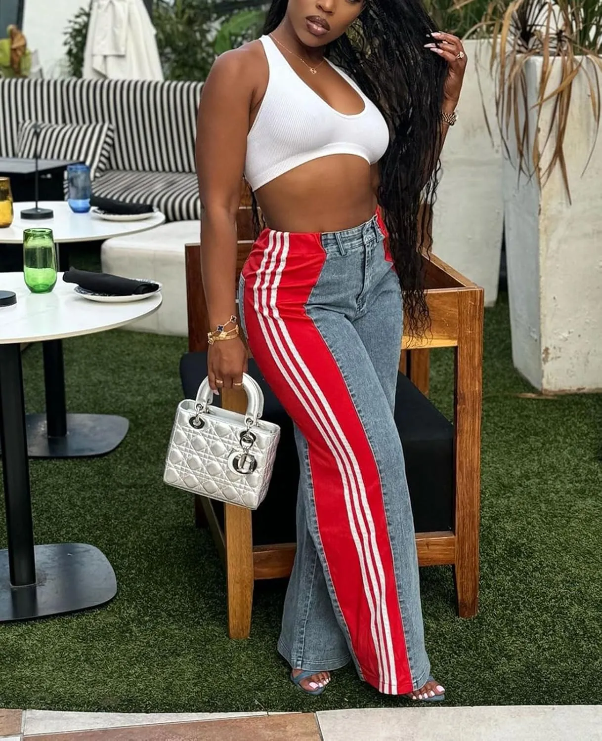 Women's Wide Leg Jeans High Waisted Stretch Patchwork Color Block Stripes Loose Straight Baggy Denim Pants