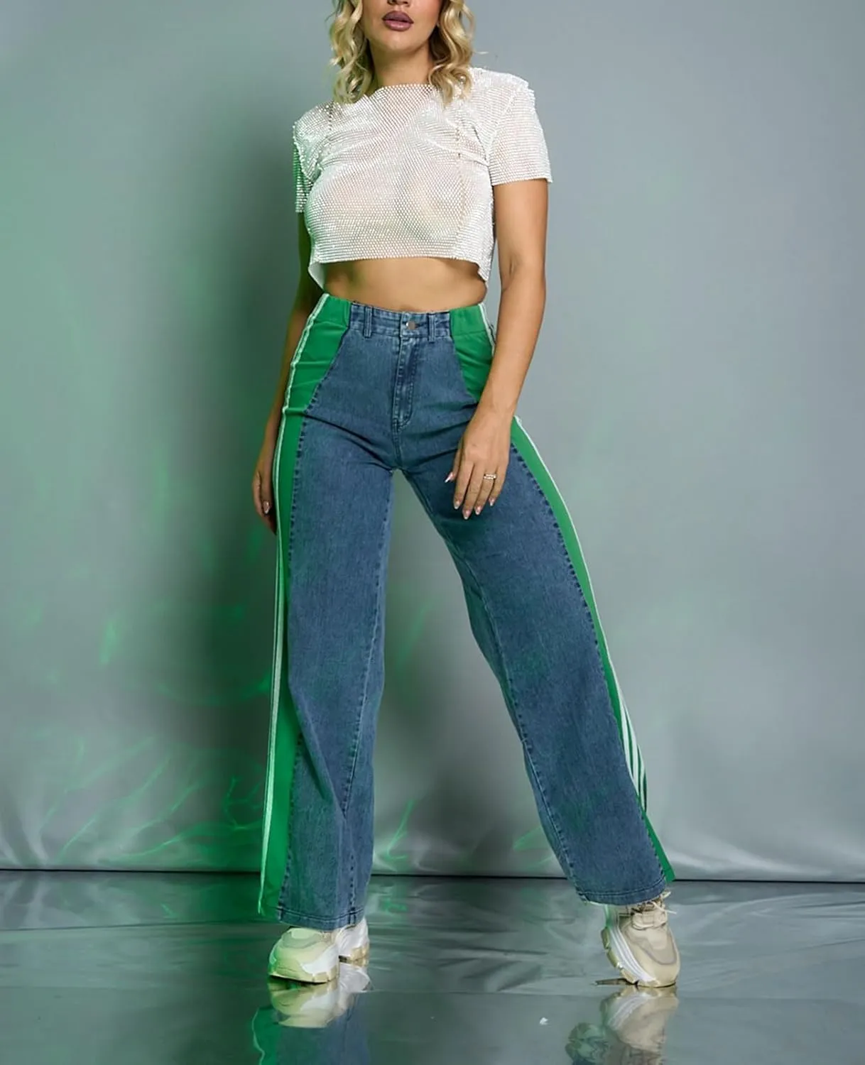 Women's Wide Leg Jeans High Waisted Stretch Patchwork Color Block Stripes Loose Straight Baggy Denim Pants