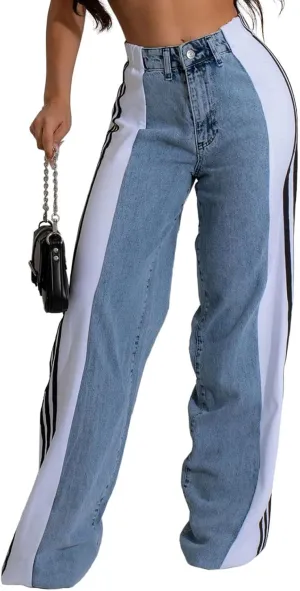 Women's Wide Leg Jeans High Waisted Stretch Patchwork Color Block Stripes Loose Straight Baggy Denim Pants
