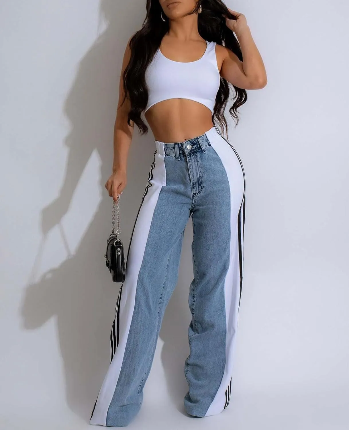 Women's Wide Leg Jeans High Waisted Stretch Patchwork Color Block Stripes Loose Straight Baggy Denim Pants