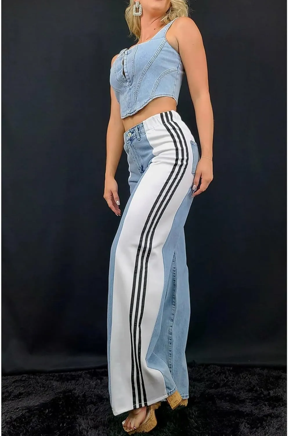 Women's Wide Leg Jeans High Waisted Stretch Patchwork Color Block Stripes Loose Straight Baggy Denim Pants