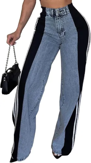Women's Wide Leg Jeans High Waisted Stretch Patchwork Color Block Stripes Loose Straight Baggy Denim Pants