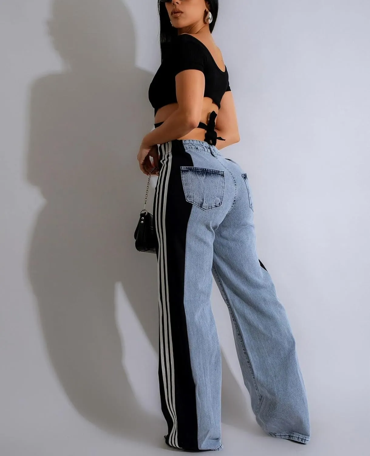 Women's Wide Leg Jeans High Waisted Stretch Patchwork Color Block Stripes Loose Straight Baggy Denim Pants