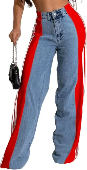 Women's Wide Leg Jeans High Waisted Stretch Patchwork Color Block Stripes Loose Straight Baggy Denim Pants