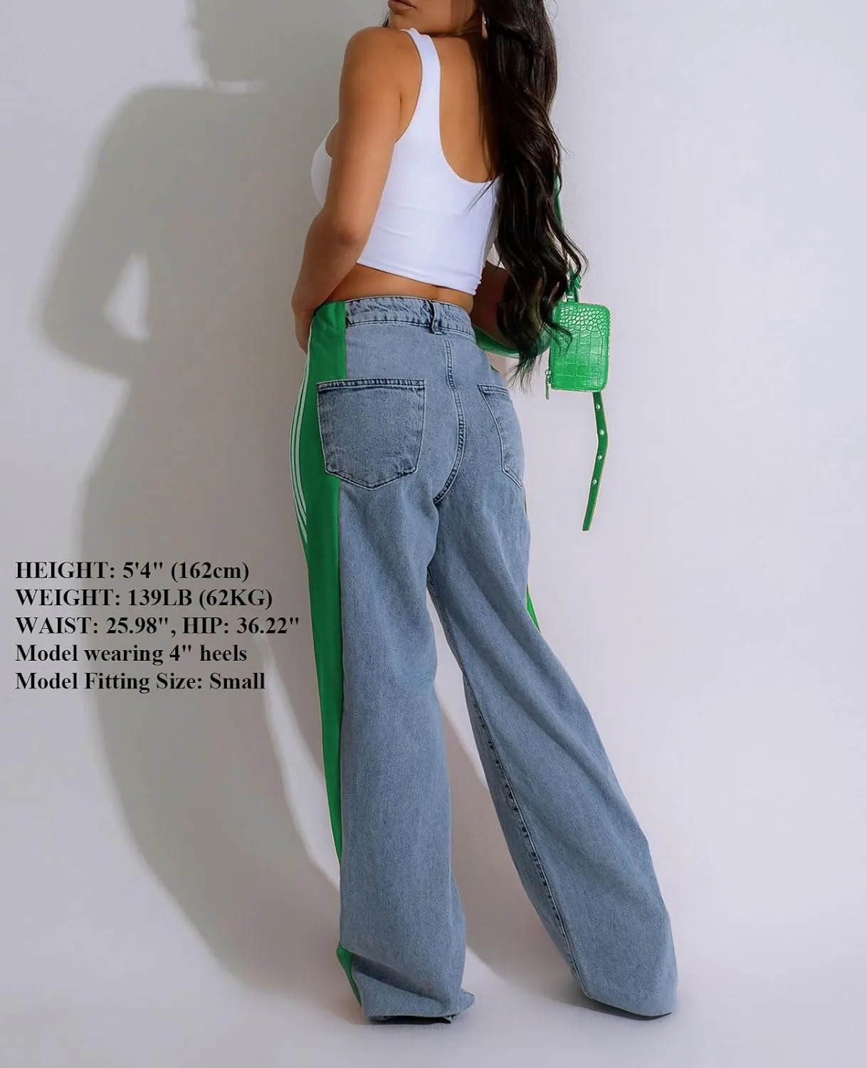 Women's Wide Leg Jeans High Waisted Stretch Patchwork Color Block Stripes Loose Straight Baggy Denim Pants