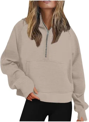 Womens Zip up Hoodies Oversized Sweatshirts Half Zip Cropped Pullover Fleece Preppy Clothes Fall Teen Girls Outfits