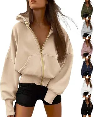 Womens Zip Up Hoodies Y2k Oversized Cropped Sweatshirt Fall Fleece Jackets Casual Comfy Cute Trendy Teen Hoodies