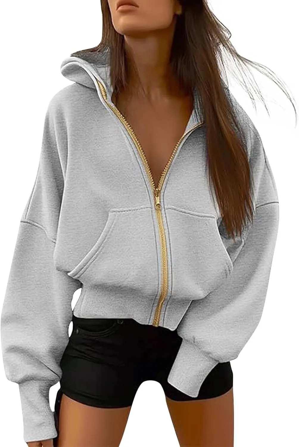 Womens Zip Up Hoodies Y2k Oversized Cropped Sweatshirt Fall Fleece Jackets Casual Comfy Cute Trendy Teen Hoodies