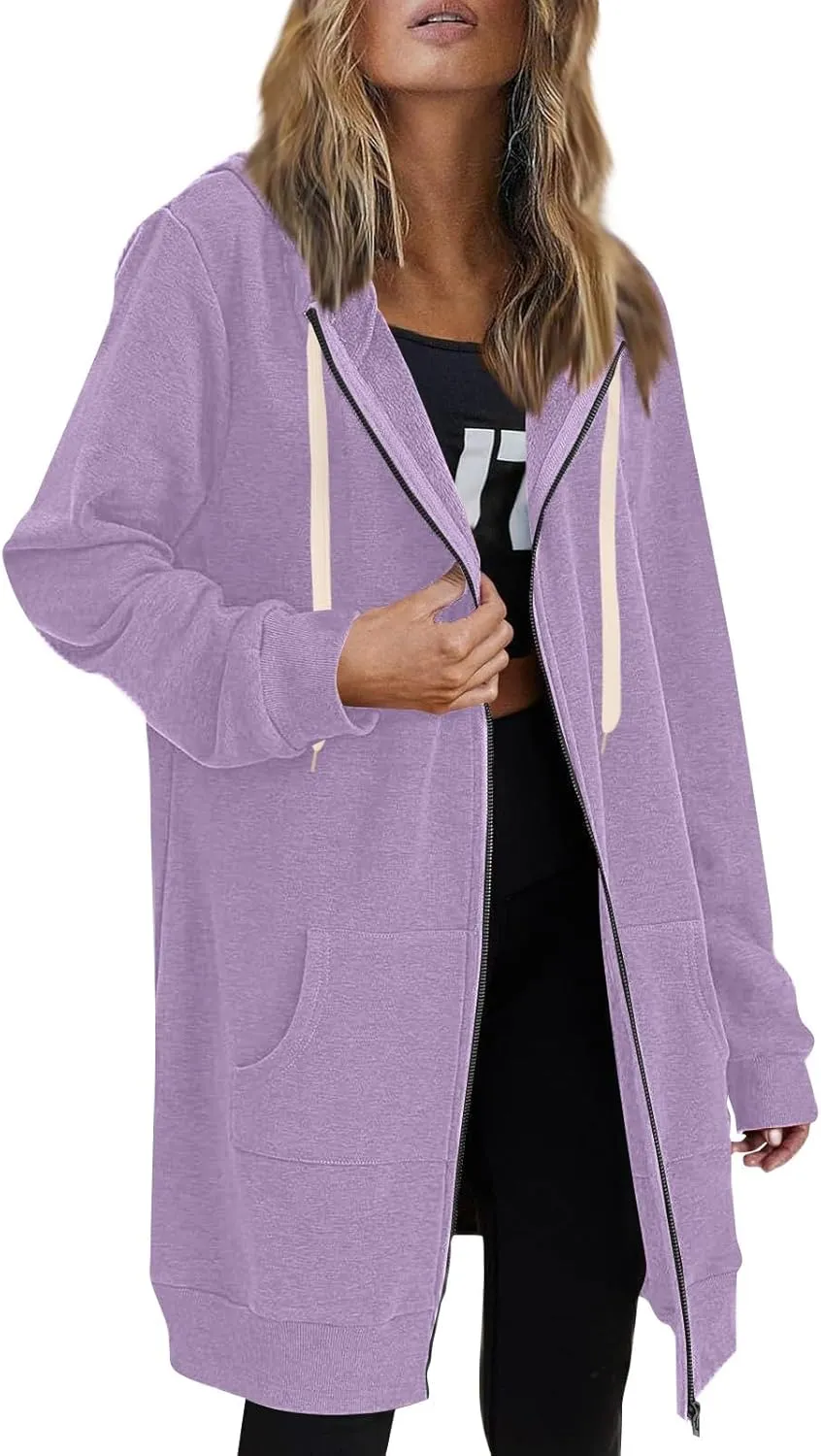 Womens Zip Up Long Sleeve Hoodies Sweatshirt Fleece Jackets 2024 Fall Fashion Outfits Winter Clothes Long Coats