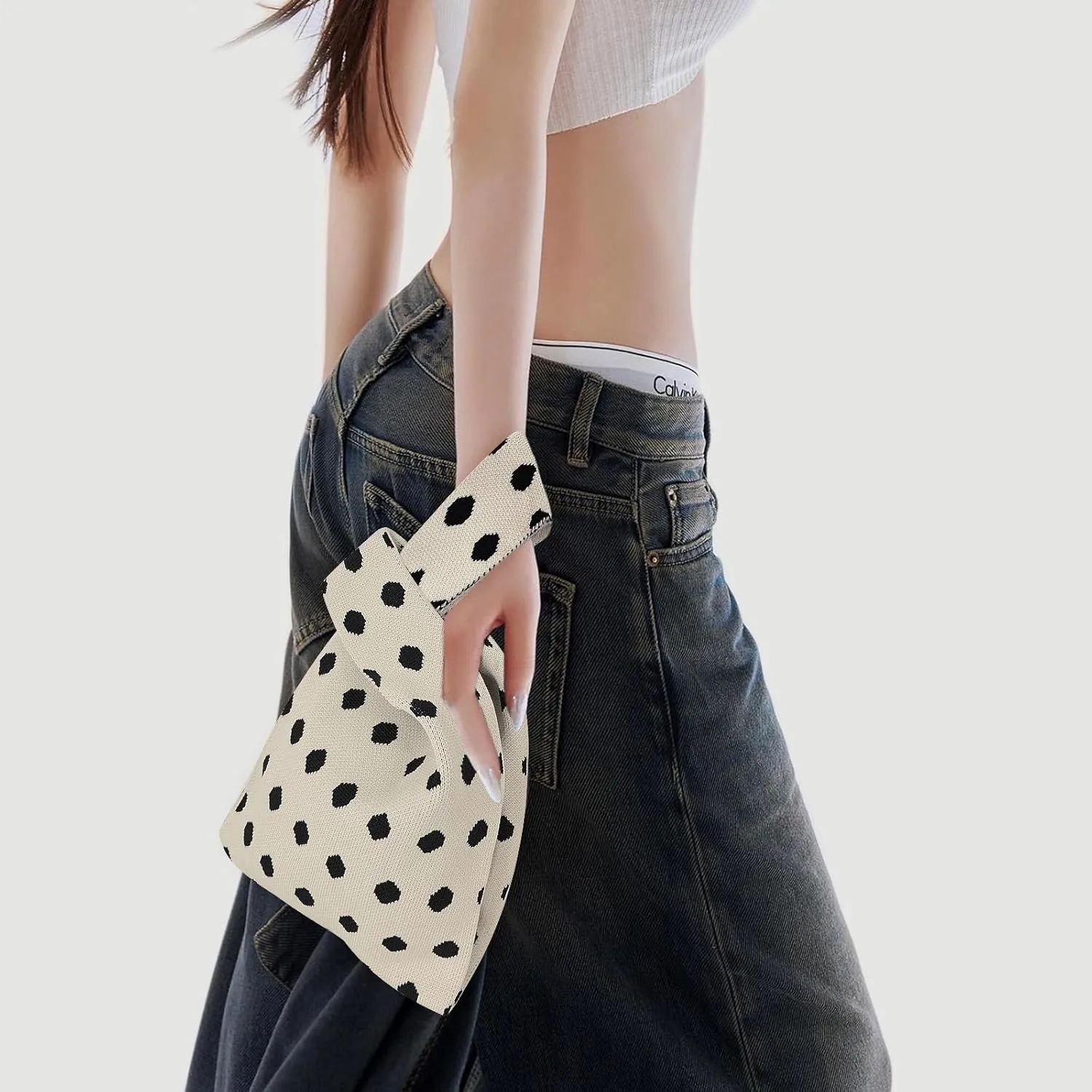Wrist Knot Tote Bag Pouch Portable Knit Purse Crochet Bag, Mini Cute Wristlet Handbag for Women