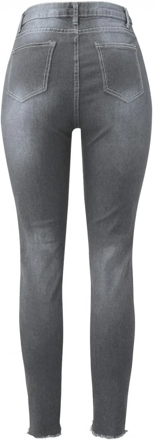 WUAI High Waisted Ripped Jeans for Women Classic Pull-On Butt Lift Stretch Distressed Ripped Skinny Jeans Denim Pencil Pants
