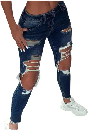 WUAI High Waisted Ripped Jeans for Women Classic Pull-On Butt Lift Stretch Distressed Ripped Skinny Jeans Denim Pencil Pants