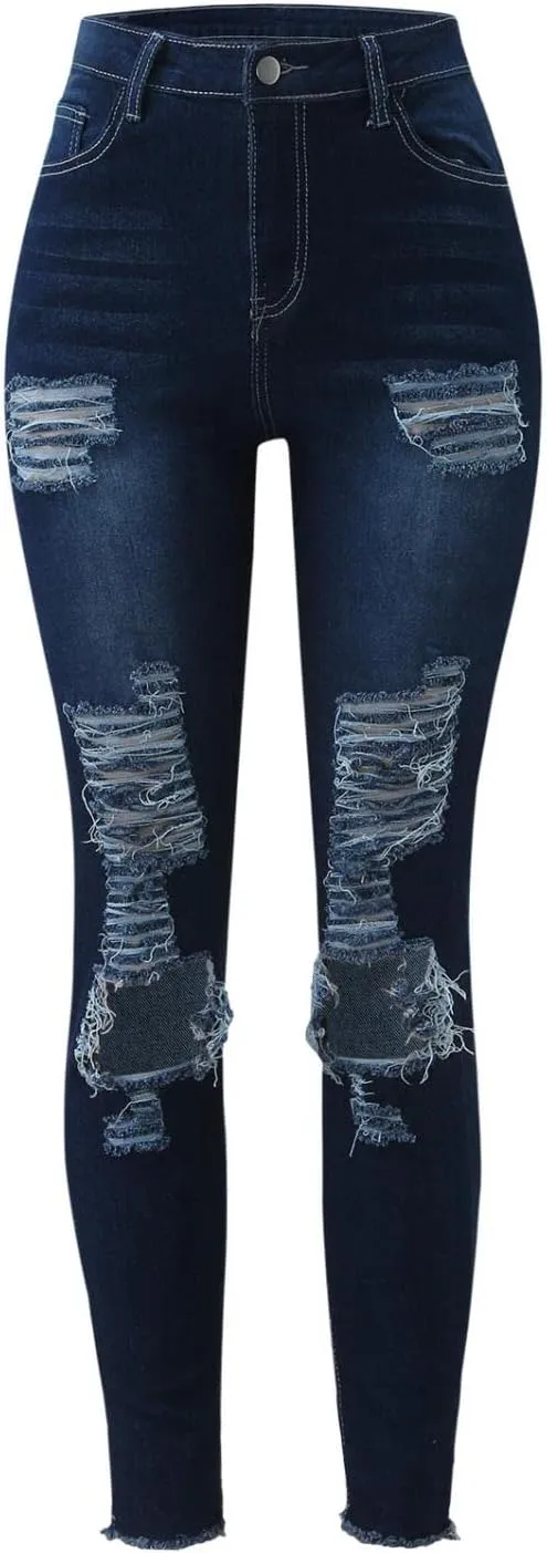 WUAI High Waisted Ripped Jeans for Women Classic Pull-On Butt Lift Stretch Distressed Ripped Skinny Jeans Denim Pencil Pants