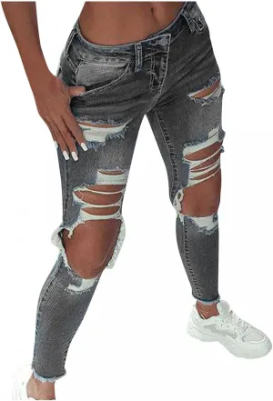 WUAI High Waisted Ripped Jeans for Women Classic Pull-On Butt Lift Stretch Distressed Ripped Skinny Jeans Denim Pencil Pants