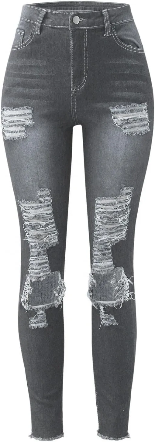 WUAI High Waisted Ripped Jeans for Women Classic Pull-On Butt Lift Stretch Distressed Ripped Skinny Jeans Denim Pencil Pants