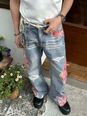 Y2k Grunge Ripped Print Contrast Patchwork Straight Harajuku Hip Hop Casual Baggy Trendy High Waist Hallow Out Jeans