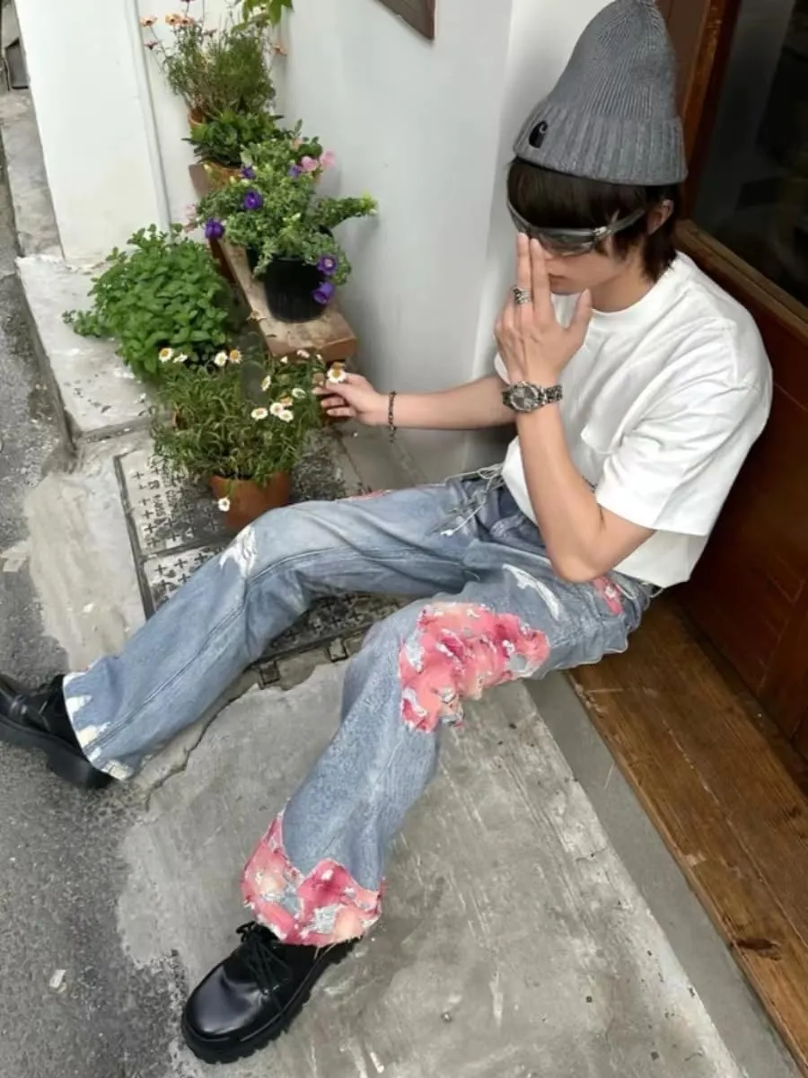 Y2k Grunge Ripped Print Contrast Patchwork Straight Harajuku Hip Hop Casual Baggy Trendy High Waist Hallow Out Jeans