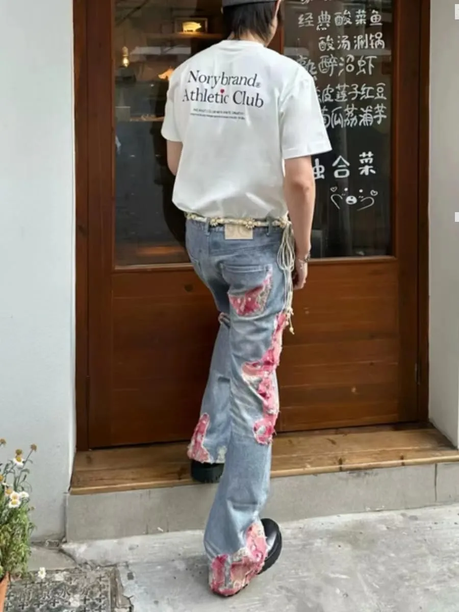 Y2k Grunge Ripped Print Contrast Patchwork Straight Harajuku Hip Hop Casual Baggy Trendy High Waist Hallow Out Jeans