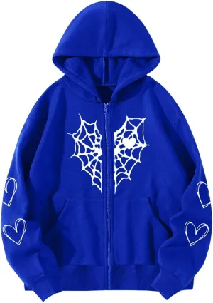 Y2K Hoodies for Women Full Zip Up Print Graphic Oversized Pockets Hooded Jacket 90s Long Sleeve Sweatshirt Cyber Casual Goth