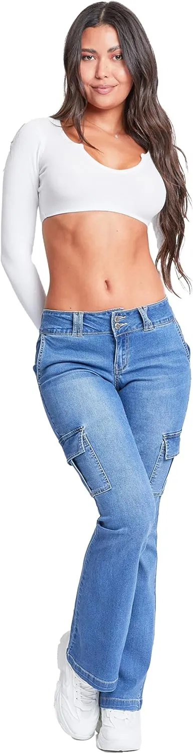 YMI Women's Low Rise Cargo Flare Jean