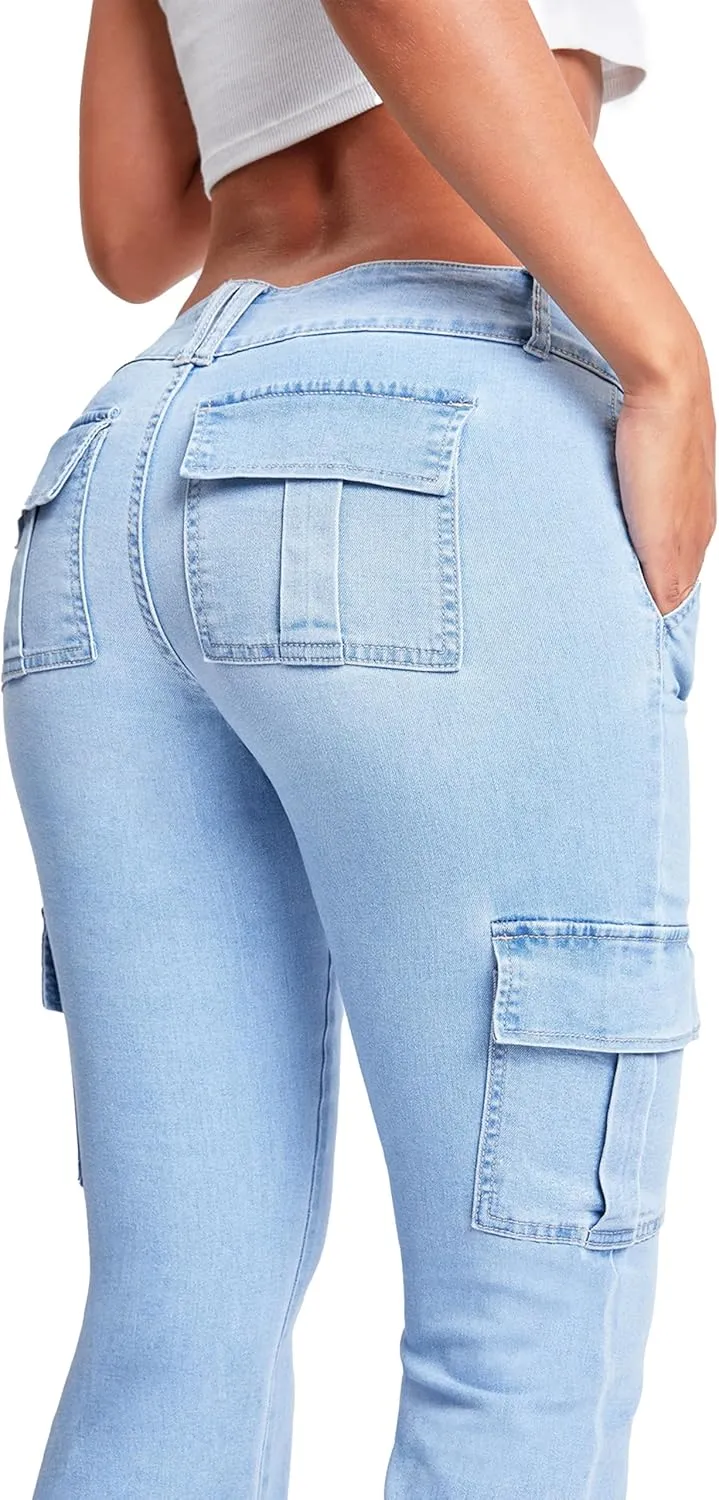 YMI Women's Low Rise Cargo Flare Jean