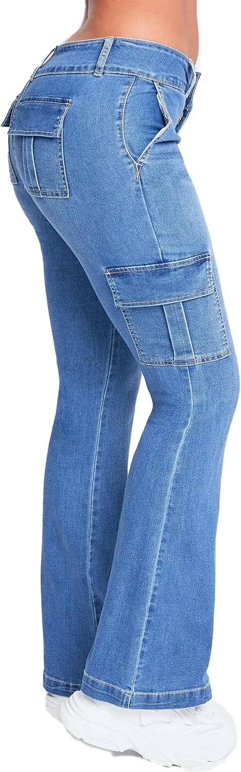 YMI Women's Low Rise Cargo Flare Jean