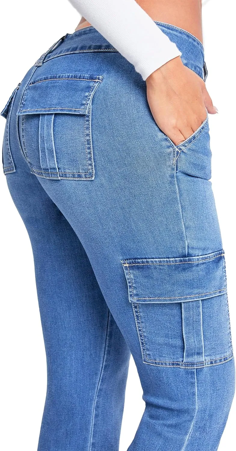 YMI Women's Low Rise Cargo Flare Jean