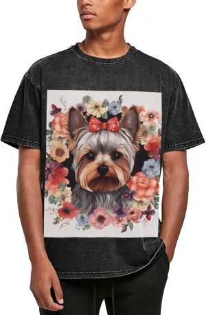 Yorkie Floral Mens Oversized T Shirts Vintage Cotton Short Sleeves Casual Summer Tee Washed Unisex Tops