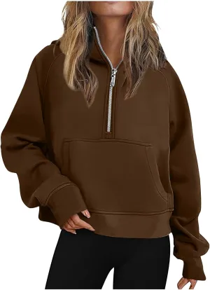 YRAETENM Half Zip Sweatshirt Women Oversized Cropped Fleece Jackets Long Sleeve Workout Hoodies Fall Clothes with Pockets