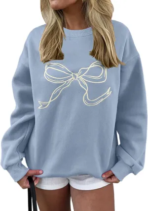 Ythomm Women’s Bow Graphic Sweatshirts Oversized Crewneck Drop Shoulder Pullover Sweatshirt Long Sleeve Tops 2024 Fall Outfit