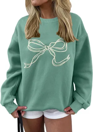 Ythomm Women’s Bow Graphic Sweatshirts Oversized Crewneck Drop Shoulder Pullover Sweatshirt Long Sleeve Tops 2024 Fall Outfit