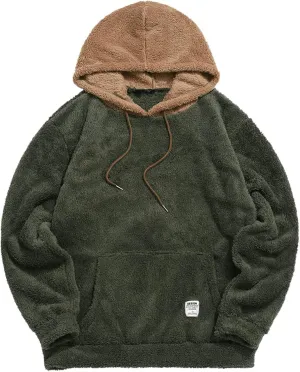 ZAFUL Color Blocking Fuzzy Hoodie Unisex Men Sherpa Pullover Loose Fluffy Sweatshirt