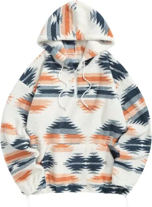 ZAFUL Men's Hoodies Ethnic Style Contrast Binding Kangaroo Pocket Loose Pullover Fuzzy Hoodie