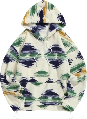 ZAFUL Men's Hoodies Ethnic Style Contrast Binding Kangaroo Pocket Loose Pullover Fuzzy Hoodie