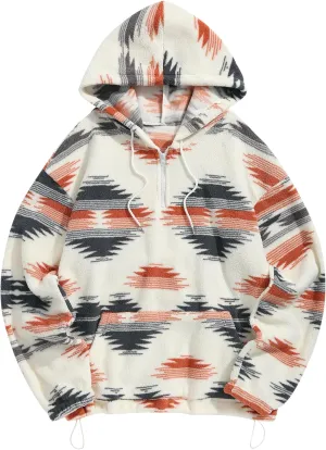 ZAFUL Men's Hoodies Ethnic Style Contrast Binding Kangaroo Pocket Loose Pullover Fuzzy Hoodie