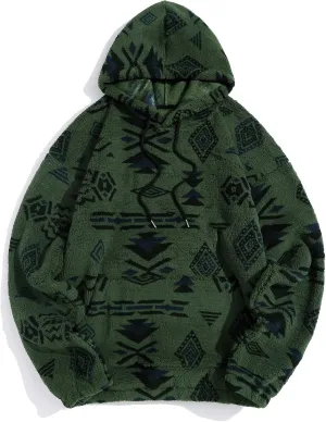ZAFUL Men's Hoodies Ethnic Style Contrast Binding Kangaroo Pocket Loose Pullover Fuzzy Hoodie