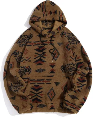 ZAFUL Men's Hoodies Ethnic Style Contrast Binding Kangaroo Pocket Loose Pullover Fuzzy Hoodie