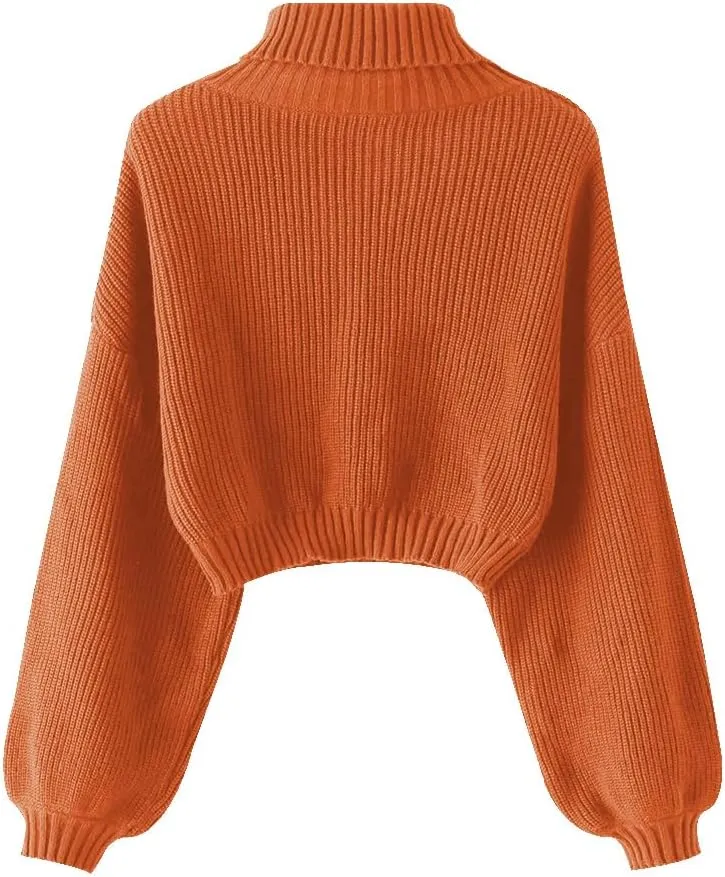 ZAFUL Women's Crew Neck Long Sleeve Pullover Crop Sweater Mock Neck Lantern Sleeve Ribbed Knit Cropped Sweater