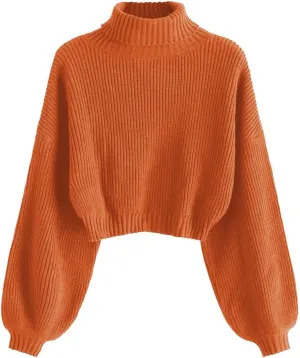 ZAFUL Women's Crew Neck Long Sleeve Pullover Crop Sweater Mock Neck Lantern Sleeve Ribbed Knit Cropped Sweater